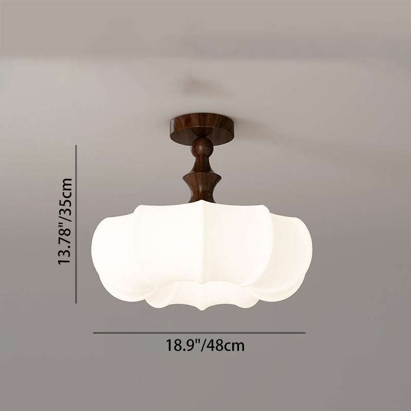Traditional Chinese Acrylic Wood Pumpkin Round LED Semi-Flush Mount Ceiling Light For Bedroom & Living Room