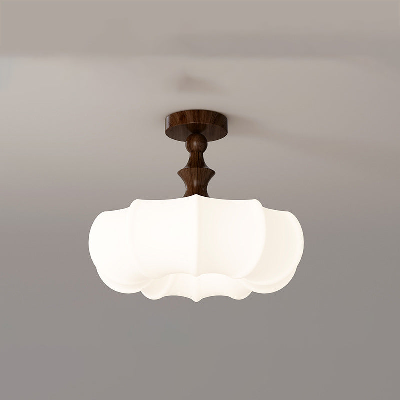 Traditional Chinese Acrylic Wood Pumpkin Round LED Semi-Flush Mount Ceiling Light For Bedroom & Living Room