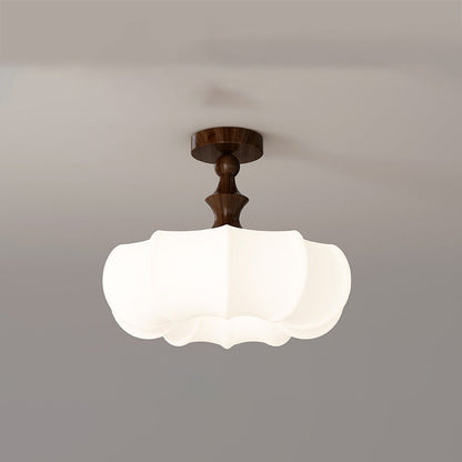 Traditional Chinese Acrylic Wood Pumpkin Round LED Semi-Flush Mount Ceiling Light For Bedroom & Living Room