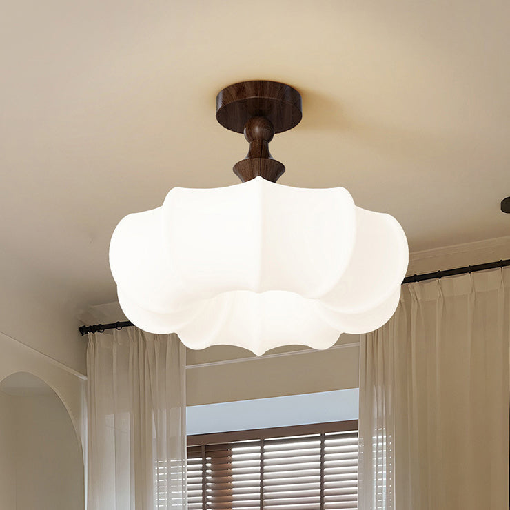 Traditional Chinese Acrylic Wood Pumpkin Round LED Semi-Flush Mount Ceiling Light For Bedroom & Living Room