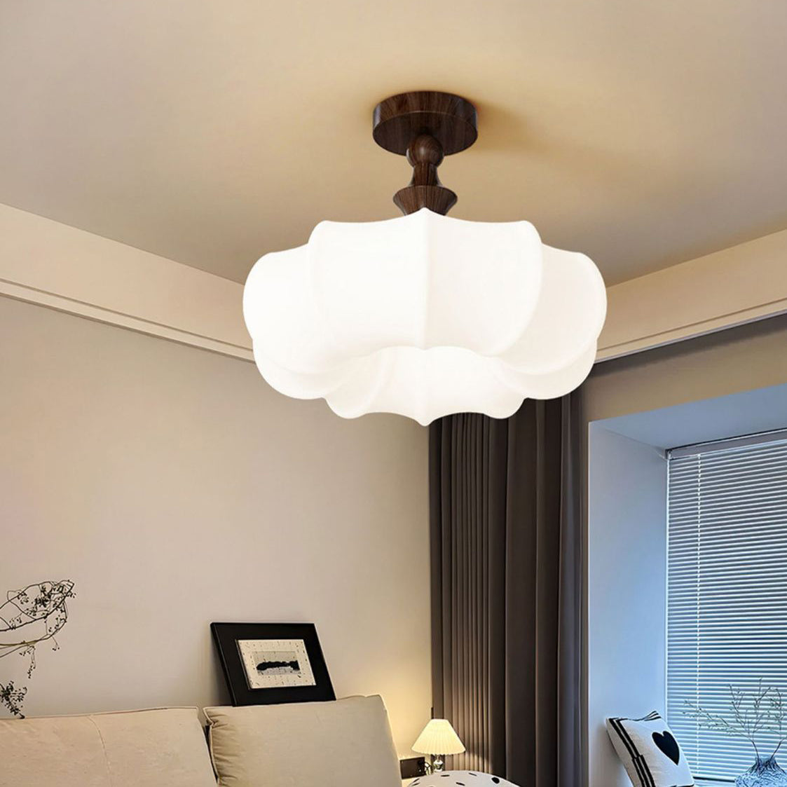 Traditional Chinese Acrylic Wood Pumpkin Round LED Semi-Flush Mount Ceiling Light For Bedroom & Living Room