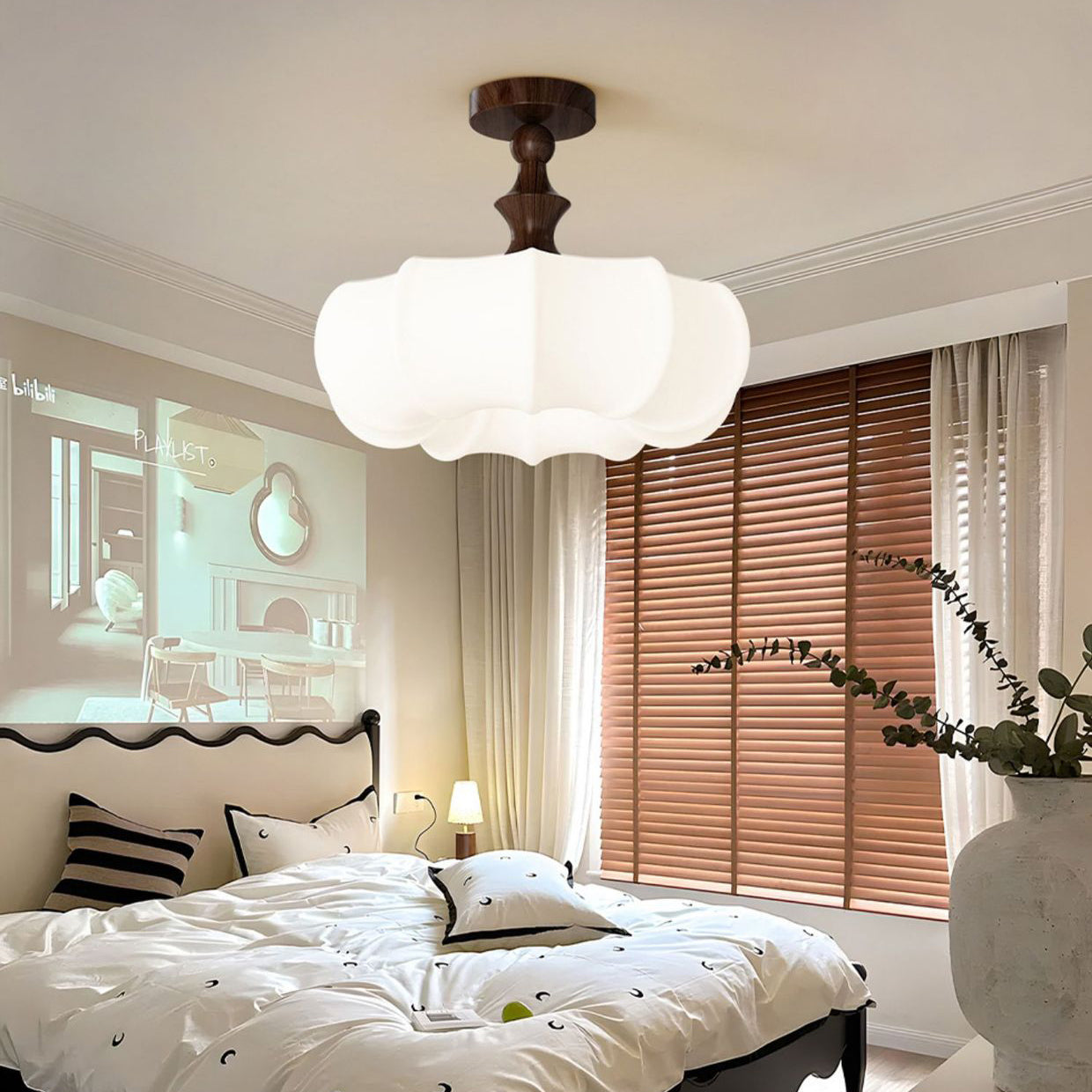 Traditional Chinese Acrylic Wood Pumpkin Round LED Semi-Flush Mount Ceiling Light For Bedroom & Living Room
