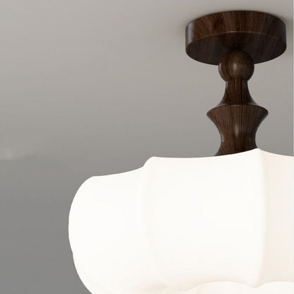 Traditional Chinese Acrylic Wood Pumpkin Round LED Semi-Flush Mount Ceiling Light For Bedroom & Living Room