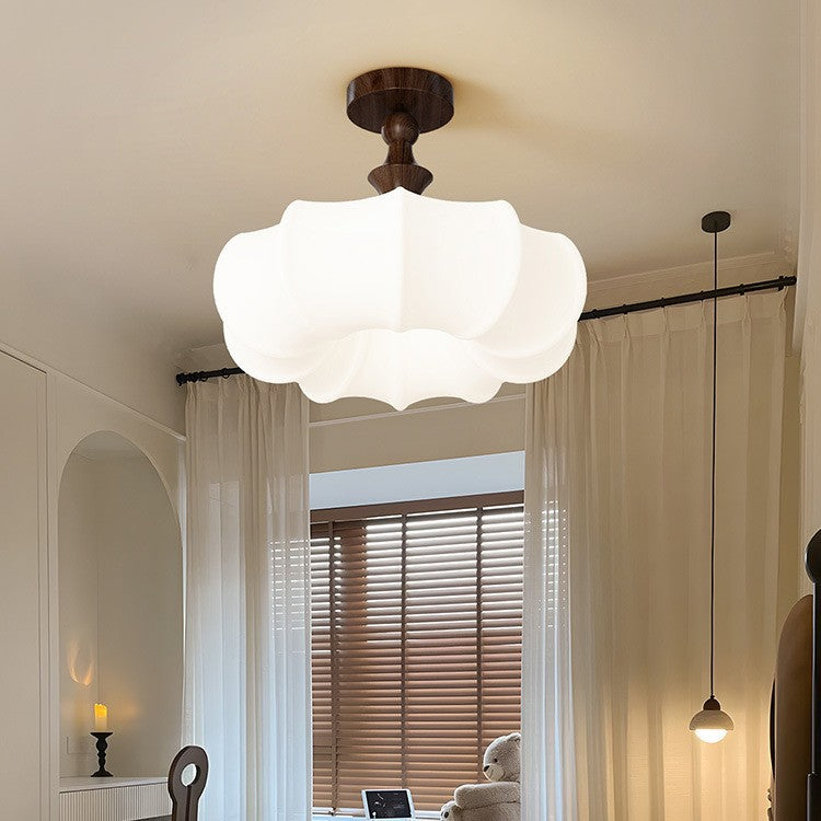 Traditional Chinese Acrylic Wood Pumpkin Round LED Semi-Flush Mount Ceiling Light For Bedroom & Living Room