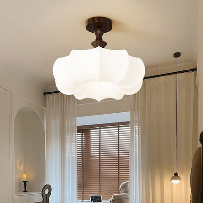Traditional Chinese Acrylic Wood Pumpkin Round LED Semi-Flush Mount Ceiling Light For Bedroom & Living Room