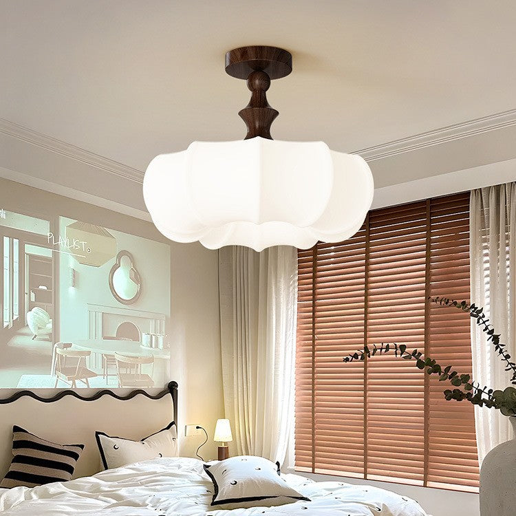 Traditional Chinese Acrylic Wood Pumpkin Round LED Semi-Flush Mount Ceiling Light For Bedroom & Living Room