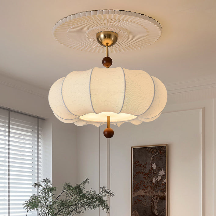 Traditional Chinese Solid Wood Fabric Iron Pumpkin Round 4/5-Light Semi-Flush Mount Ceiling Light For Bedroom & Living Room