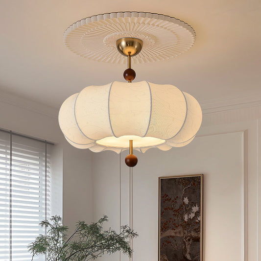 Traditional Chinese Solid Wood Fabric Iron Pumpkin Round 4/5-Light Semi-Flush Mount Ceiling Light For Bedroom & Living Room