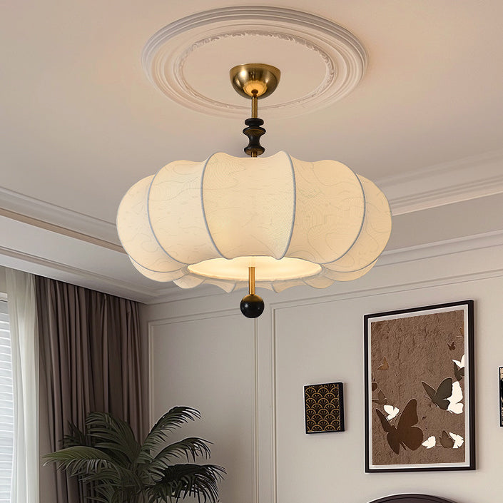 Traditional Chinese Solid Wood Fabric Iron Pumpkin Round 4/5-Light Semi-Flush Mount Ceiling Light For Bedroom & Living Room