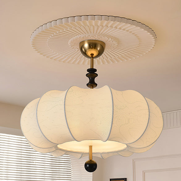 Traditional Chinese Solid Wood Fabric Iron Pumpkin Round 4/5-Light Semi-Flush Mount Ceiling Light For Bedroom & Living Room