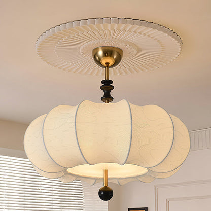 Traditional Chinese Solid Wood Fabric Iron Pumpkin Round 4/5-Light Semi-Flush Mount Ceiling Light For Bedroom & Living Room