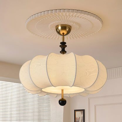 Traditional Chinese Solid Wood Fabric Iron Pumpkin Round 4/5-Light Semi-Flush Mount Ceiling Light For Bedroom & Living Room