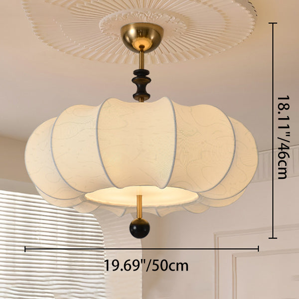 Traditional Chinese Solid Wood Fabric Iron Pumpkin Round 4/5-Light Semi-Flush Mount Ceiling Light For Bedroom & Living Room