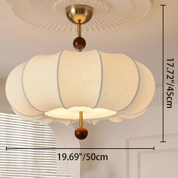 Traditional Chinese Solid Wood Fabric Iron Pumpkin Round 4/5-Light Semi-Flush Mount Ceiling Light For Bedroom & Living Room