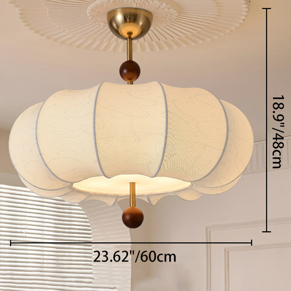 Traditional Chinese Solid Wood Fabric Iron Pumpkin Round 4/5-Light Semi-Flush Mount Ceiling Light For Bedroom & Living Room