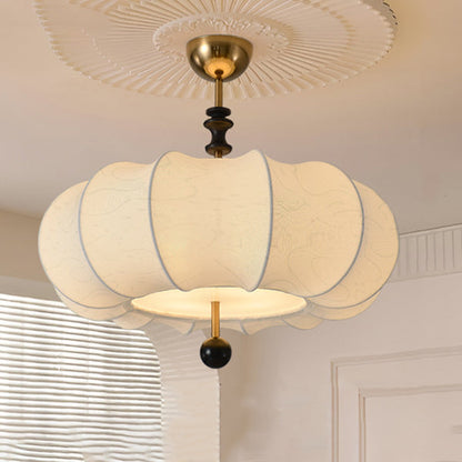Traditional Chinese Solid Wood Fabric Iron Pumpkin Round 4/5-Light Semi-Flush Mount Ceiling Light For Bedroom & Living Room