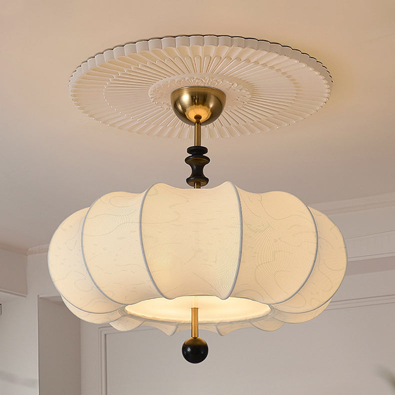 Traditional Chinese Solid Wood Fabric Iron Pumpkin Round 4/5-Light Semi-Flush Mount Ceiling Light For Bedroom & Living Room