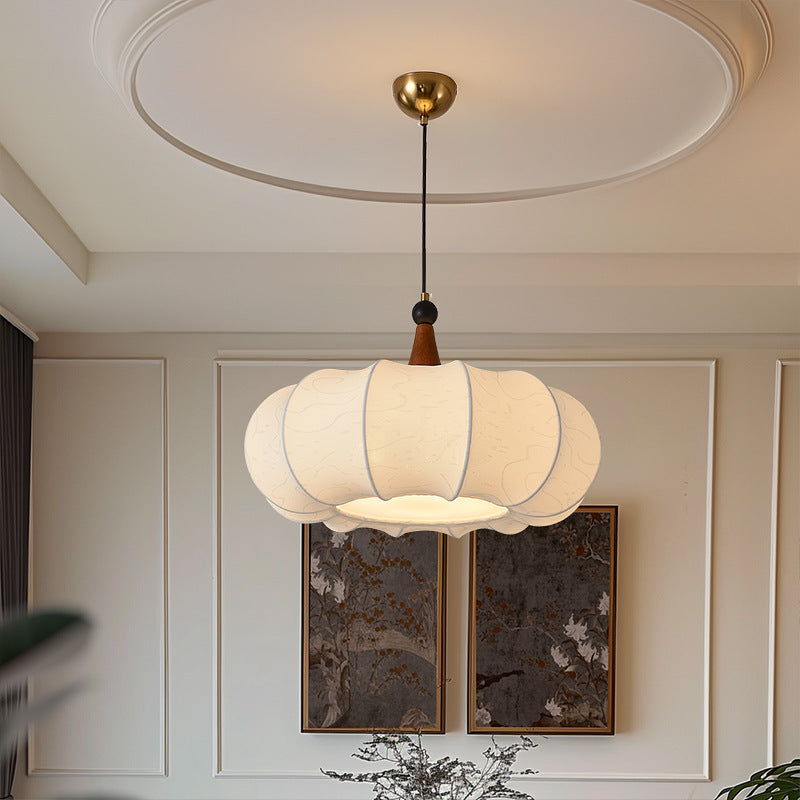 Traditional Chinese Solid Wood Fabric Iron Lantern Pumpkin Round 1/3/4/5-Light Chandelier For Bedroom & Living Room