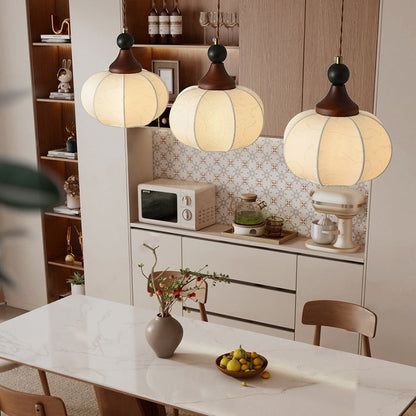 Traditional Chinese Solid Wood Fabric Iron Lantern Pumpkin Round 1/3/4/5-Light Chandelier For Bedroom & Living Room