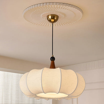 Traditional Chinese Solid Wood Fabric Iron Lantern Pumpkin Round 1/3/4/5-Light Chandelier For Bedroom & Living Room