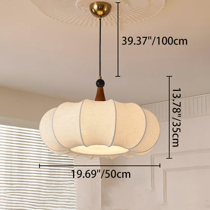 Traditional Chinese Solid Wood Fabric Iron Lantern Pumpkin Round 1/3/4/5-Light Chandelier For Bedroom & Living Room