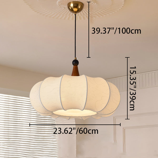 Traditional Chinese Solid Wood Fabric Iron Lantern Pumpkin Round 1/3/4/5-Light Chandelier For Bedroom & Living Room