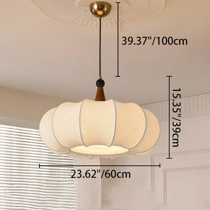 Traditional Chinese Solid Wood Fabric Iron Lantern Pumpkin Round 1/3/4/5-Light Chandelier For Bedroom & Living Room