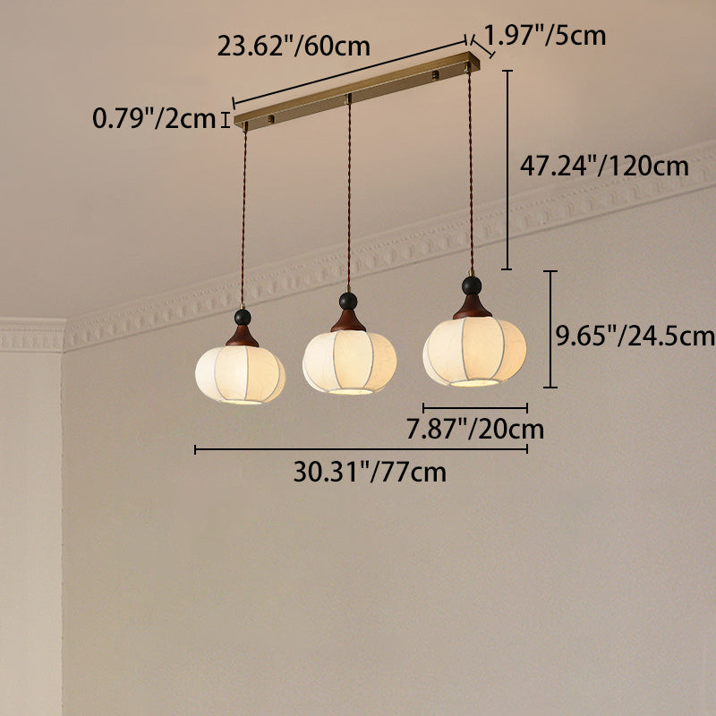 Traditional Chinese Solid Wood Fabric Iron Lantern Pumpkin Round 1/3/4/5-Light Chandelier For Bedroom & Living Room