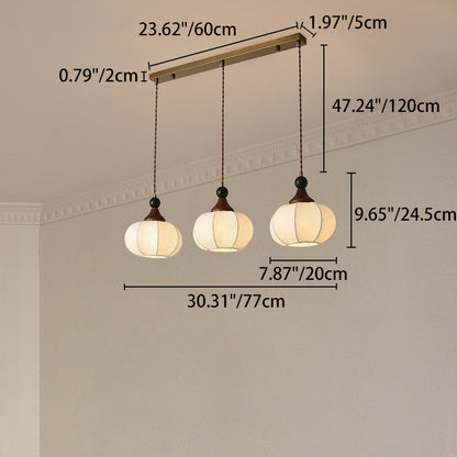 Traditional Chinese Solid Wood Fabric Iron Lantern Pumpkin Round 1/3/4/5-Light Chandelier For Bedroom & Living Room