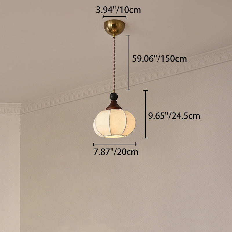 Traditional Chinese Solid Wood Fabric Iron Lantern Pumpkin Round 1/3/4/5-Light Chandelier For Bedroom & Living Room
