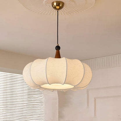 Traditional Chinese Solid Wood Fabric Iron Lantern Pumpkin Round 1/3/4/5-Light Chandelier For Bedroom & Living Room