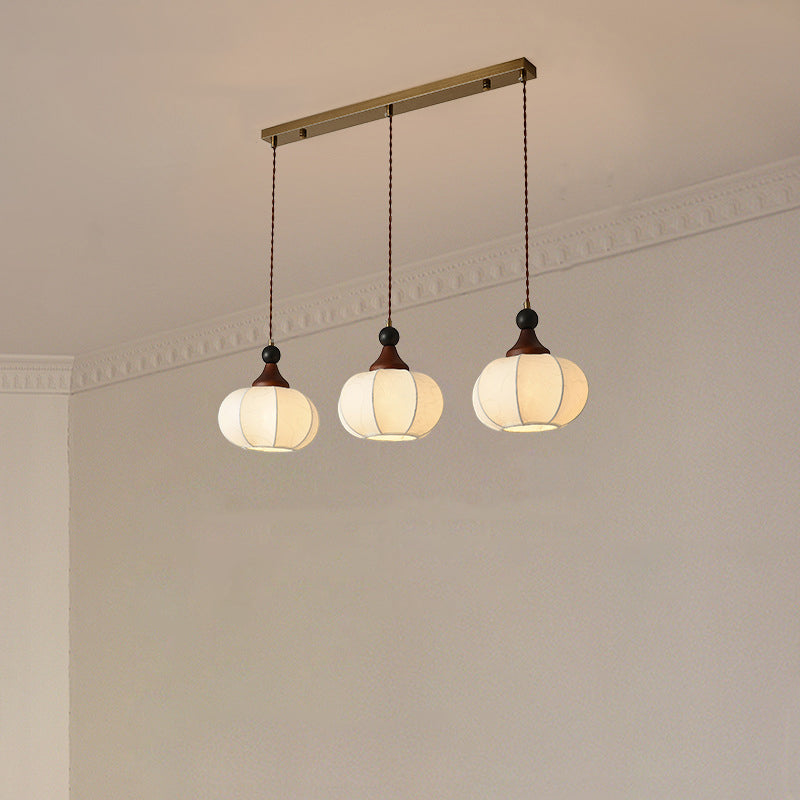Traditional Chinese Solid Wood Fabric Iron Lantern Pumpkin Round 1/3/4/5-Light Chandelier For Bedroom & Living Room