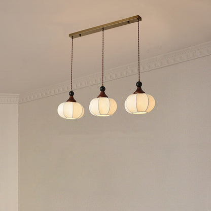 Traditional Chinese Solid Wood Fabric Iron Lantern Pumpkin Round 1/3/4/5-Light Chandelier For Bedroom & Living Room