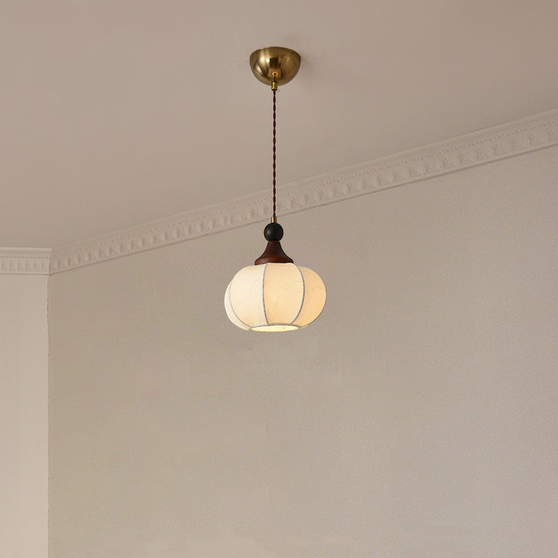 Traditional Chinese Solid Wood Fabric Iron Lantern Pumpkin Round 1/3/4/5-Light Chandelier For Bedroom & Living Room