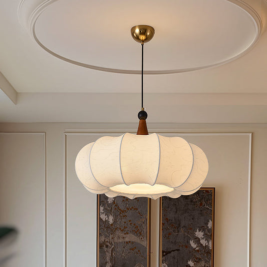 Traditional Chinese Solid Wood Fabric Iron Lantern Pumpkin Round 1/3/4/5-Light Chandelier For Bedroom & Living Room