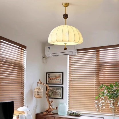 Traditional French Fabric Wood Metal Fan Pattern 3/5-Light Semi-Flush Mount Ceiling Light For Bedroom & Living Room