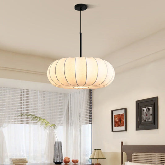 Traditional Japanese Faux Silk Iron Pumpkin Stripe 1/2/3-Light Chandelier For Bedroom & Living Room