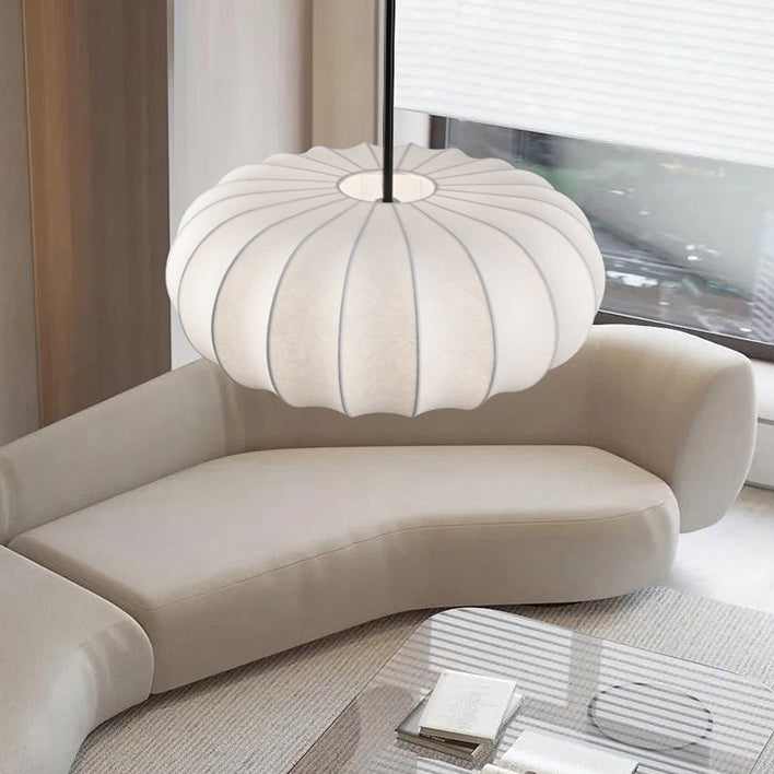 Traditional Japanese Faux Silk Iron Pumpkin Stripe 1/2/3-Light Chandelier For Bedroom & Living Room