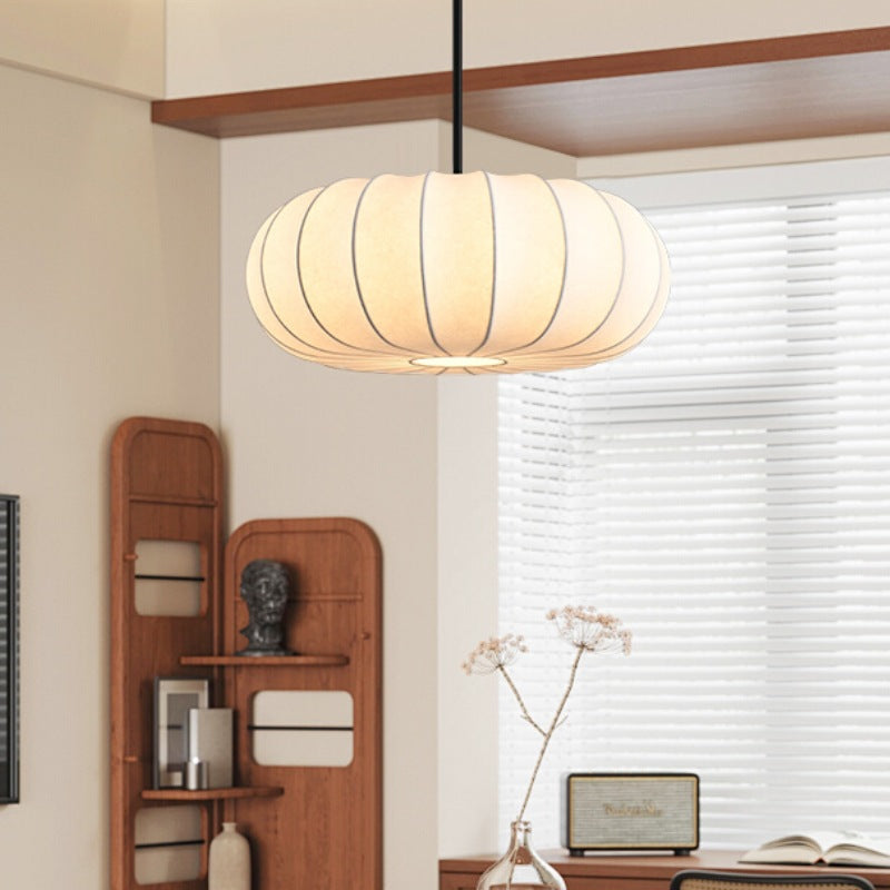 Traditional Japanese Faux Silk Iron Pumpkin Stripe 1/2/3-Light Chandelier For Bedroom & Living Room