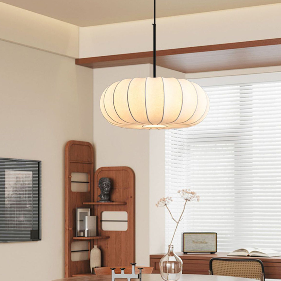 Traditional Japanese Faux Silk Iron Pumpkin Stripe 1/2/3-Light Chandelier For Bedroom & Living Room