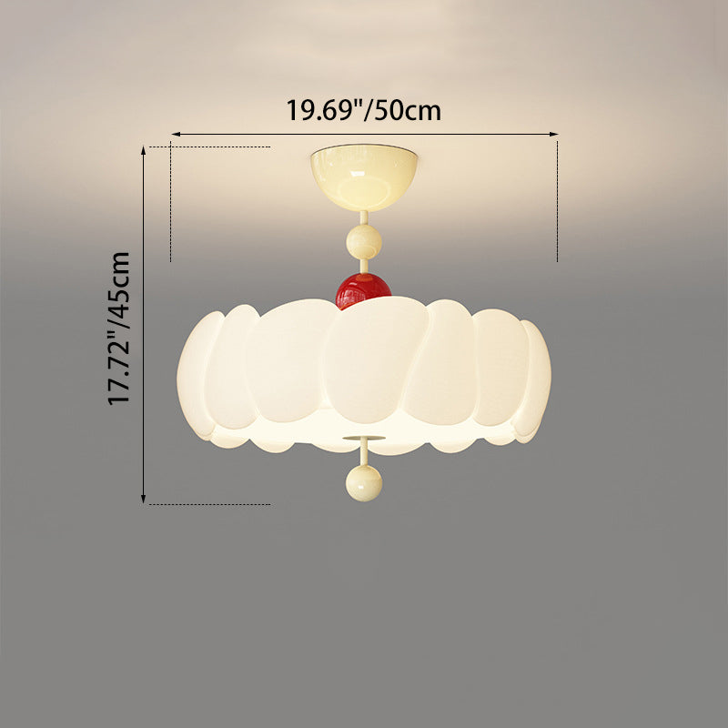 Contemporary Scandinavian PE Iron Creamy Rippled Pumpkin Round LED Semi-Flush Mount Ceiling Light For Bedroom & Living Room