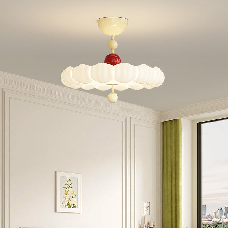 Contemporary Scandinavian PE Iron Creamy Rippled Pumpkin Round LED Semi-Flush Mount Ceiling Light For Bedroom & Living Room