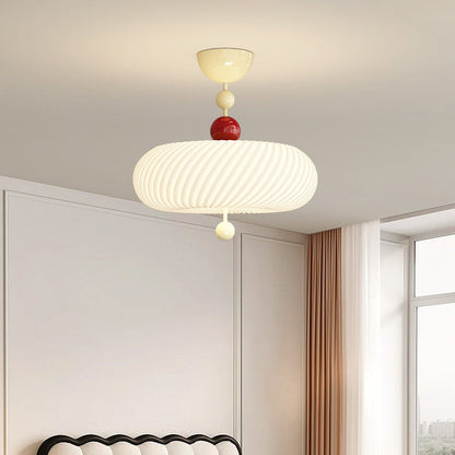 Contemporary Scandinavian PE Iron Creamy Rippled Pumpkin Round LED Semi-Flush Mount Ceiling Light For Bedroom & Living Room