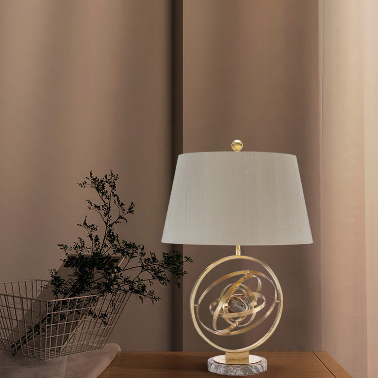 Contemporary Creative Fabric Marble Metal Fan Round Ring 1-Light Table Lamp For Bedroom & Living Room