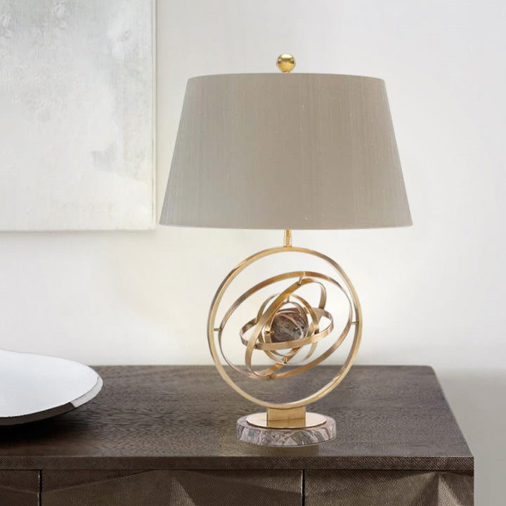 Contemporary Creative Fabric Marble Metal Fan Round Ring 1-Light Table Lamp For Bedroom & Living Room