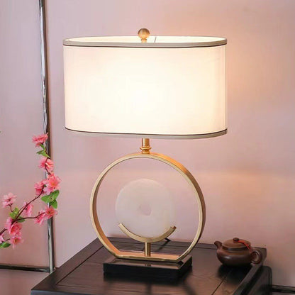 Traditional Vintage Fabric Marble Metal Oval Hollow 1-Light Table Lamp For Bedroom & Living Room