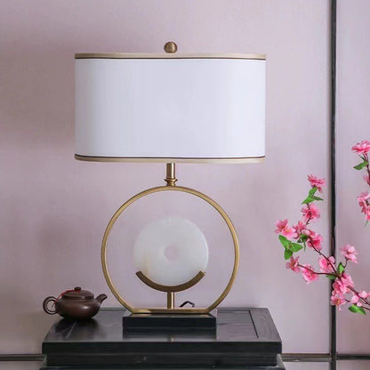Traditional Vintage Fabric Marble Metal Oval Hollow 1-Light Table Lamp For Bedroom & Living Room