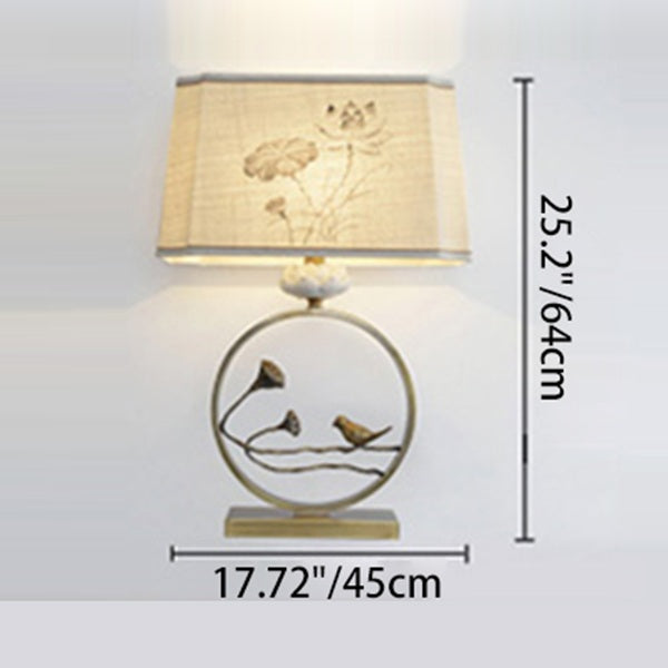 Traditional Chinese Antique Brass Fabric Bird Lotus 1-Light Table Lamp For Bedroom & Living Room