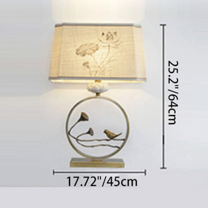 Traditional Chinese Antique Brass Fabric Bird Lotus 1-Light Table Lamp For Bedroom & Living Room
