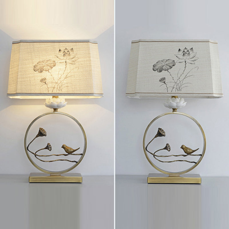 Traditional Chinese Antique Brass Fabric Bird Lotus 1-Light Table Lamp For Bedroom & Living Room